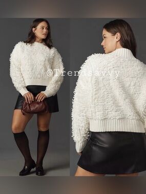 Anthropologie Callahan Ivory Loop Stitch Cropped Sweater 2X Cozy Knit